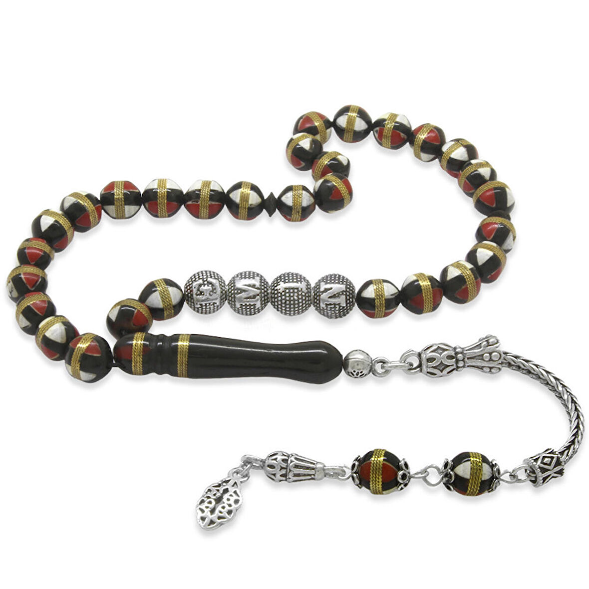 925 Ayar Gümüş Püsküllü Pirinç Sarmal Küre Kesim Gümüş İsim Yazılı Kırmızı-Beyaz Mine Dolgulu Kuka Tesbih