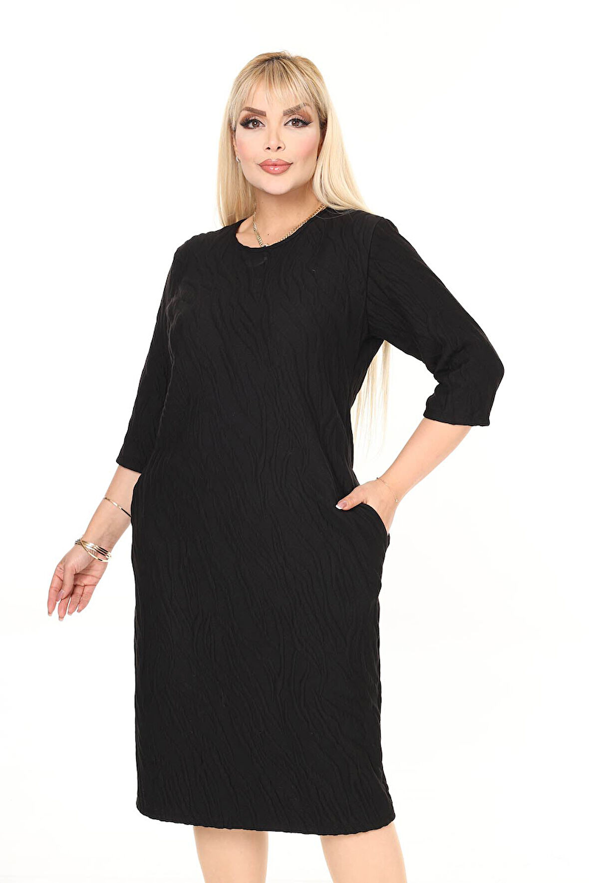 Çift Cepli Desenli Esnek Kışlık Büyük Beden Midi Elbise 9F-2731