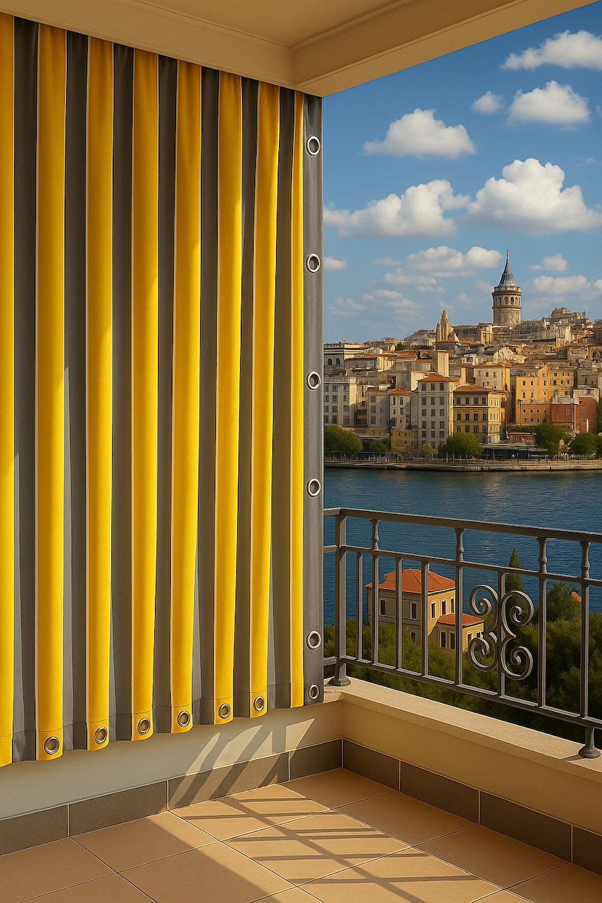 GENCER Home Balkon Perdesi Kuş Gözü Ölçü Seçenekli Gri Sarı