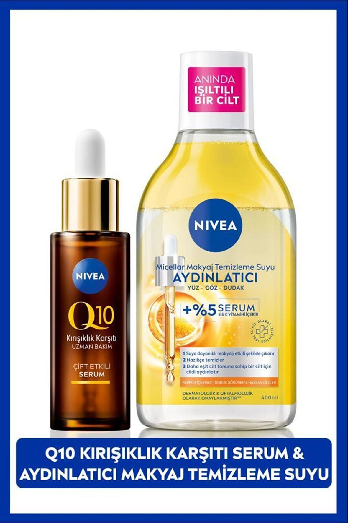 Nivea Q10 Kırışıklık Karşıtı Çift Etkili Cilt Serum 30ml, Aydınlatıcı Micellar Makyaj Temizleme Suyu 400ml