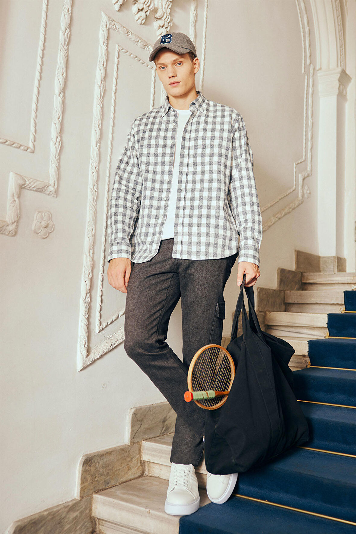 Erkek Ekru-Haki Comfort Fit Rahat Kesim Düğmeli Yaka Flanel Oduncu Gömlek