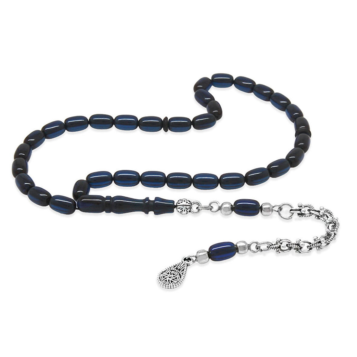 Kararmaz Metal Arnavut Zincir Püsküllü Kapsül Kesim Lacivert Bilek Boy Sıkma Kehribar Tesbih
