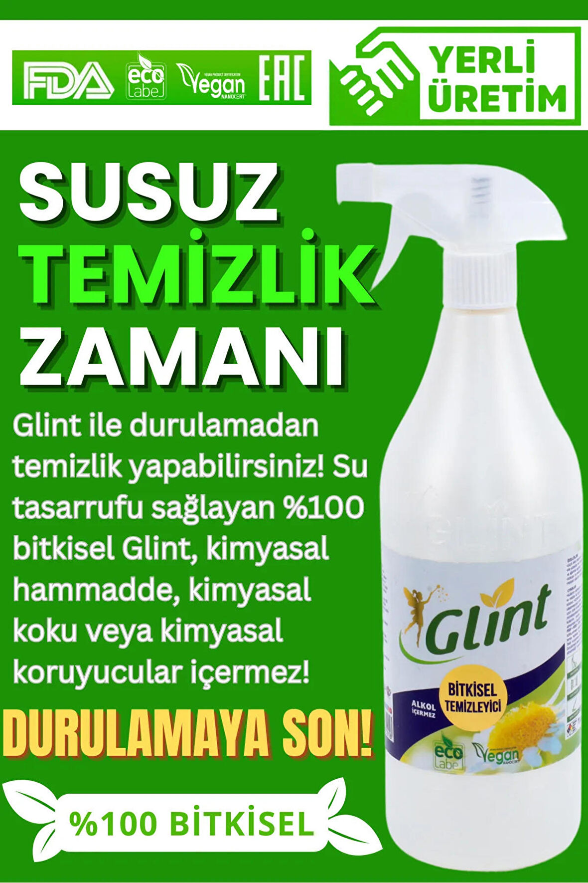 Glint  Glint   1 Litre %100 Bitkisel Leke Çıkarıcı Yağ Sökücü Çok Amaçlı Yüzey Temizleyici