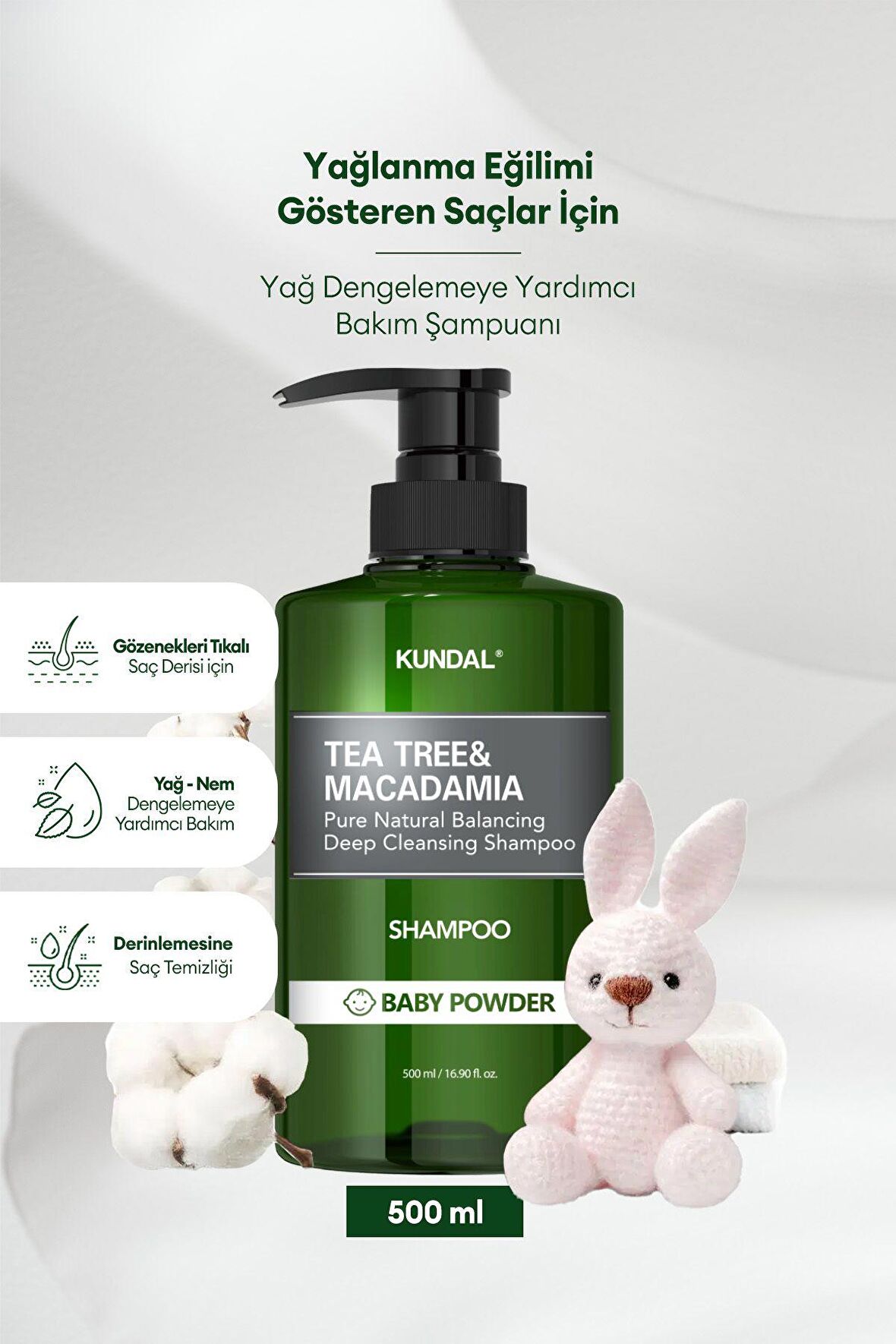 Sorunlu Saç Derisine Özel Şampuan KUNDAL Tea Tree & Macadamia Deep Cleansing Shampoo (Baby Powder)