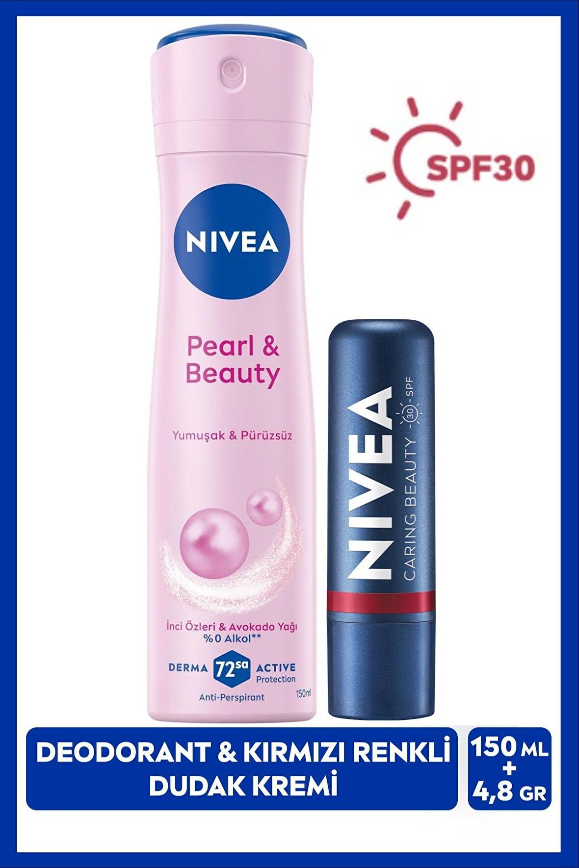 NIVEA Kadın Sprey Deodorant Pearl & Beauty 150ml ve Kırmızı Renkli Nemlendirici Dudak Bakım Kremi, SPF30, Cüzdan Hediye