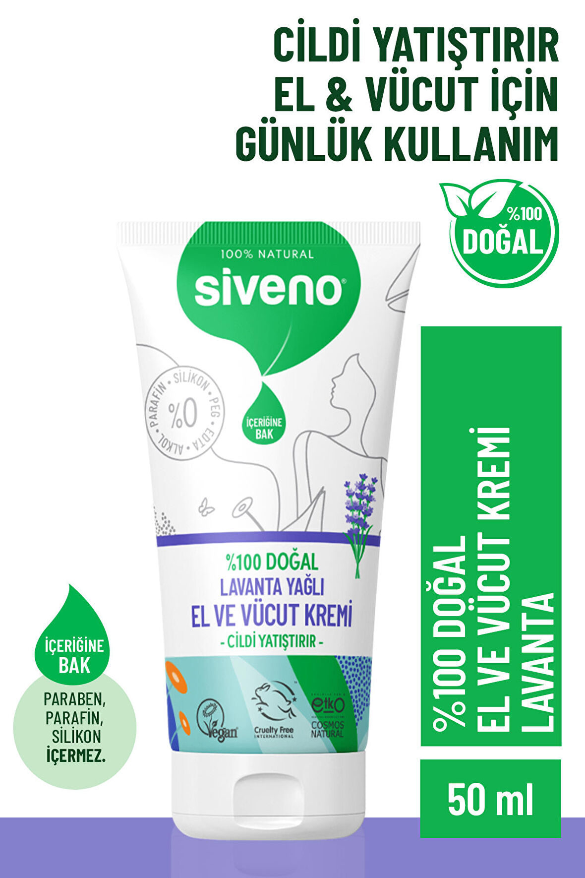 Siveno %100 Doğal El Ve Vücut Kremi Lavanta Cilt Yatıştırıcı Onarıcı Yoğun Nemlendirici Vegan 50 ml