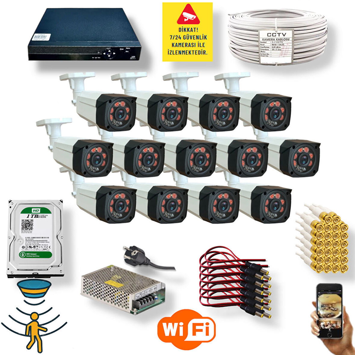 13 Kameralı Set - Hareket Algilayan 1080P Gece Görüşlü 5MP Sony Lens Güvenlik Kamerasi Seti 7808