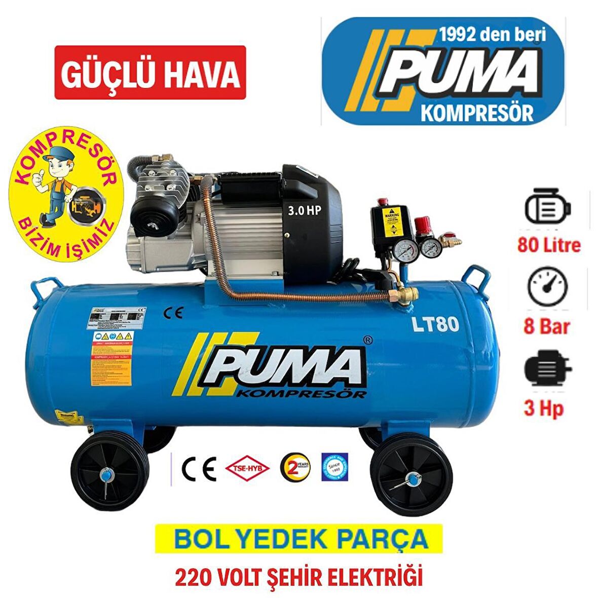 PİSTONLU KOMPRESÖR - 80 Lt - 3 HP - 8 Bar - Hava Üretimi: 400 Lt/dk. - 220 Volt