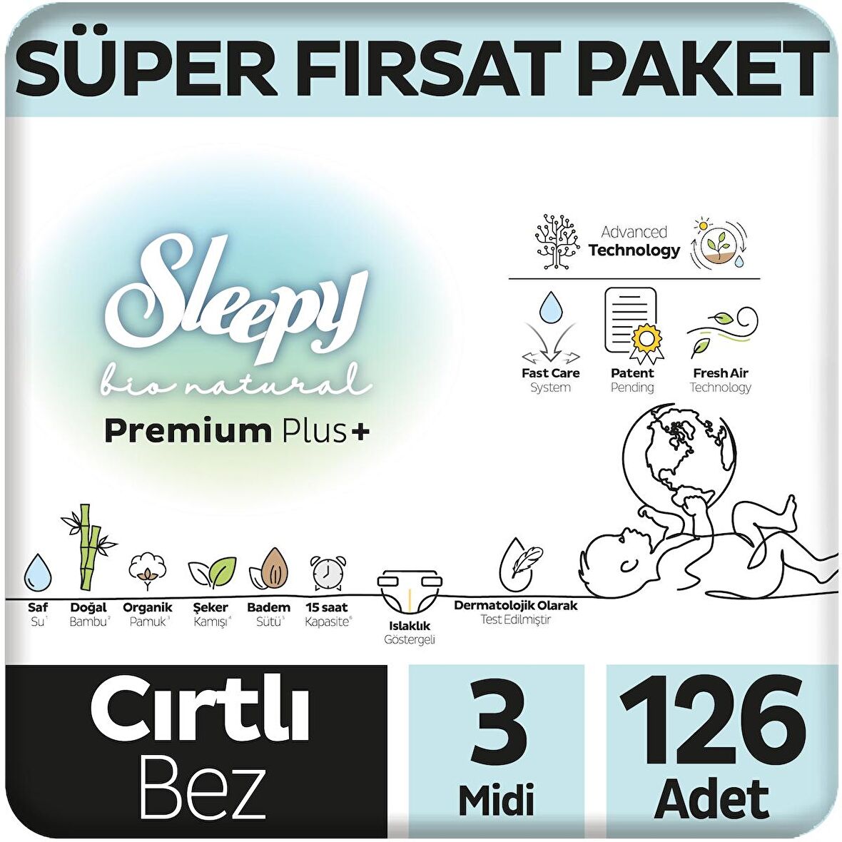 Sleepy Bio Natural Premium Plus Süper Fırsat Paketi Bebek Bezi 3 Numara Midi 126 Adet