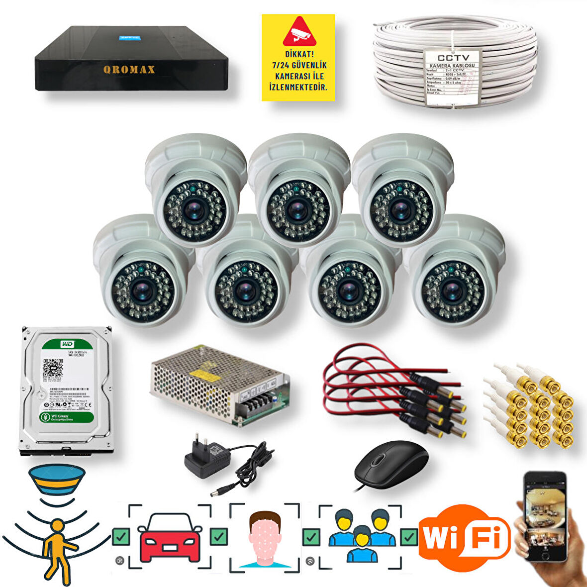 7 Kameralı Set - Araç İnsan Yüz Hareket Algılayan Gece Görüşlü 36 IR Led 5MP Sony Lensli 1080P Dome Güvenlik Kamerası Seti D136b
