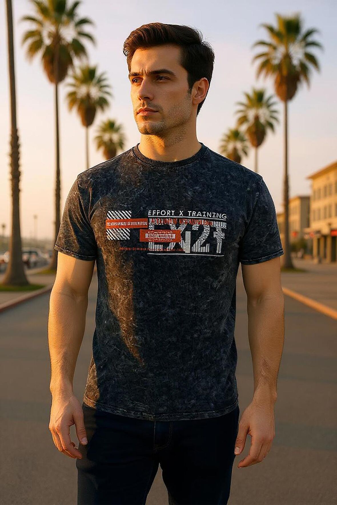 Erkek Fit Kesim Dijital Baskılı Pamuklu T-Shirt