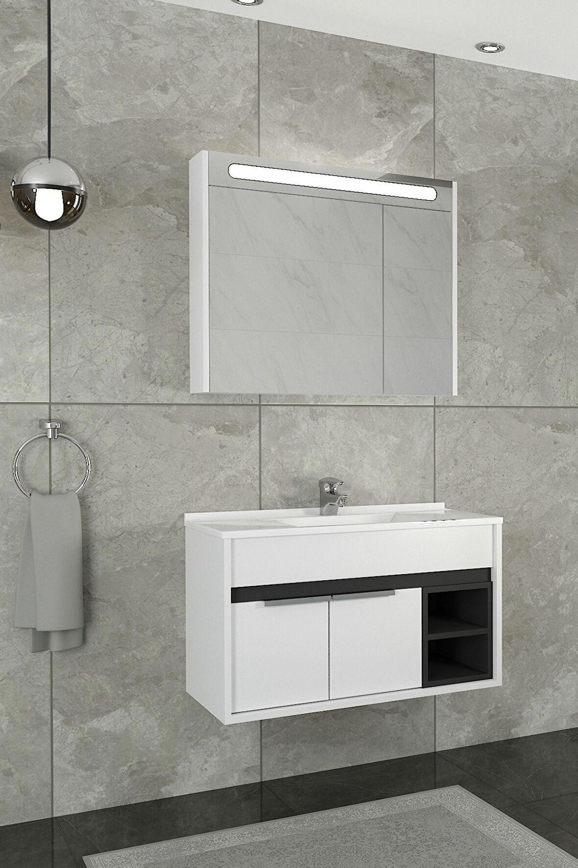 NAPOLİ 85 CM BEYAZ LAVABOLU BANYO DOLABI   BEYAZ/ANTRASİT - BOY DOLAP HARİÇ 