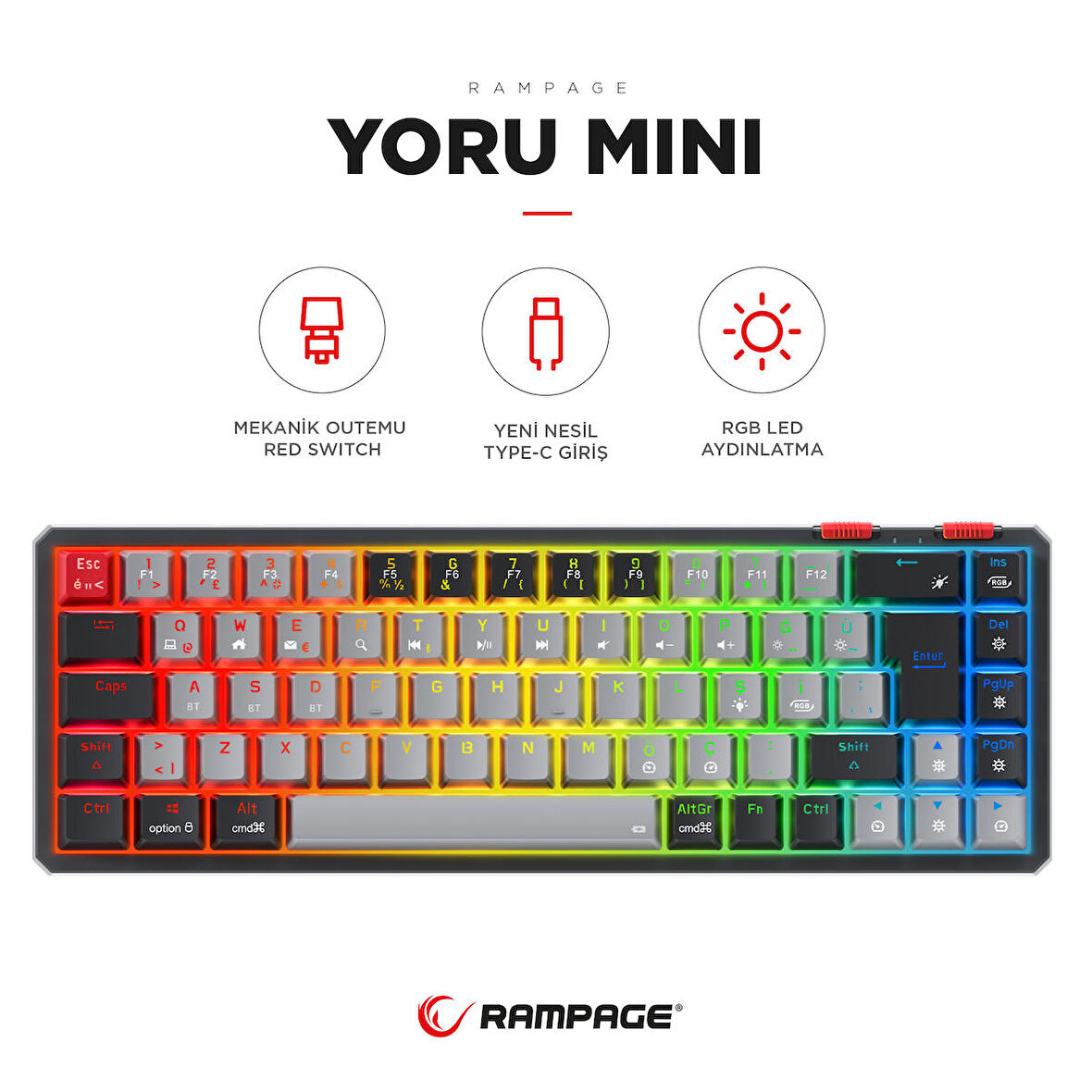 Rampage YORU MINI RGB Mekanik Gaming Oyuncu Klavyesi Red Switch Q Tr Hot Swap