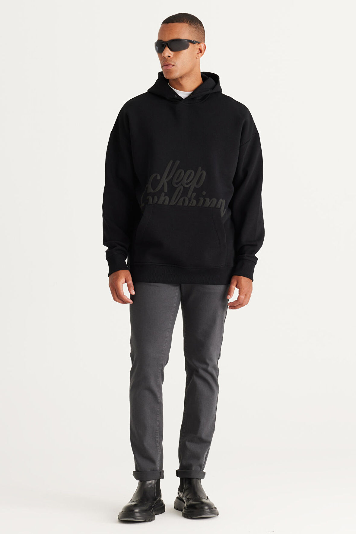 Erkek Siyah Oversize Fit Bol Kesim Kapüşonlu Içi Polarlı 3 Iplik Baskılı Sweatshirt