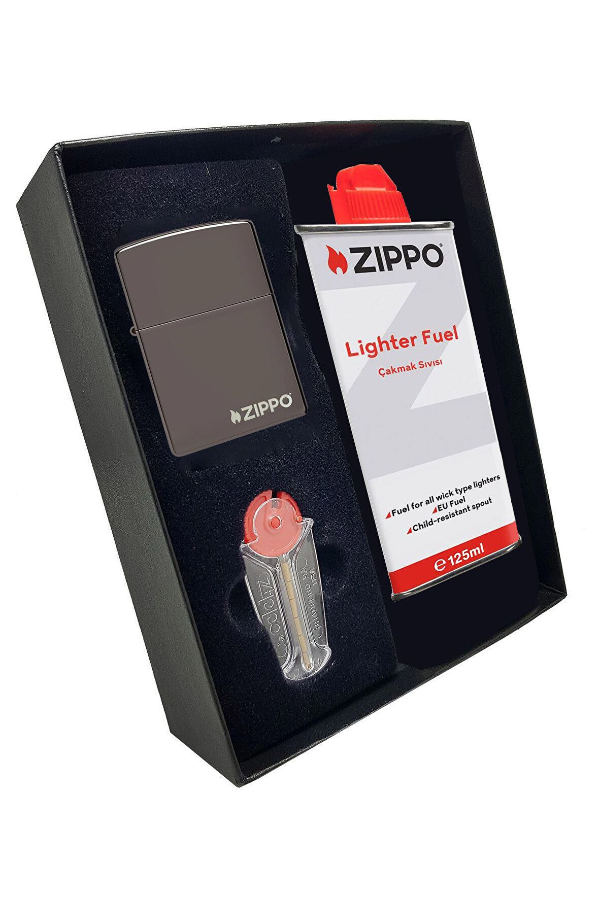 Zippo Çakmak Parlak Black ice Benzin Taş Hediyelik Set du10-150zl