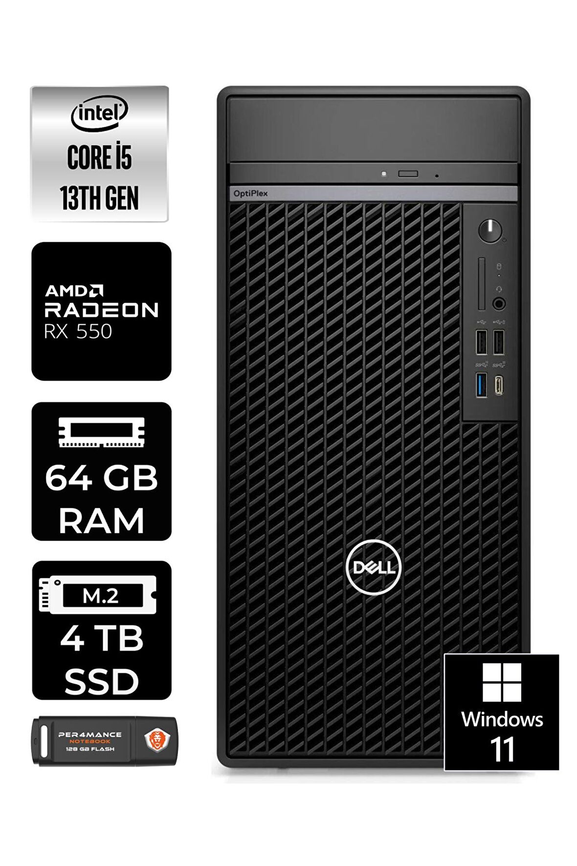 DELL OPTIPLEX i5 13500 64GB RAM 4TB SSD RX550/4GB W11PRO N010O7010MTU MASAÜSTÜ PC & PER4BELLEK