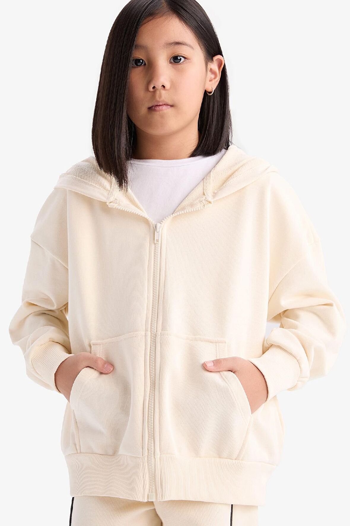 Kız Çocuk Kapüşonlu Basic Düz Cepli Fermuarlı Sweatshirt
