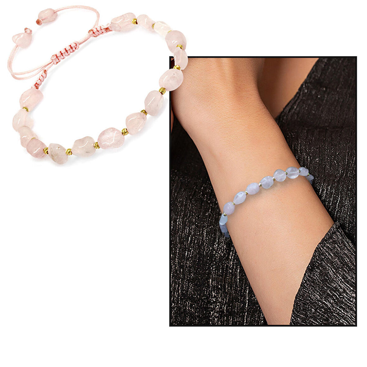 Makrome Örgülü Naturel Kesim Pembe Kuvars Doğaltaş Kadın Bileklik