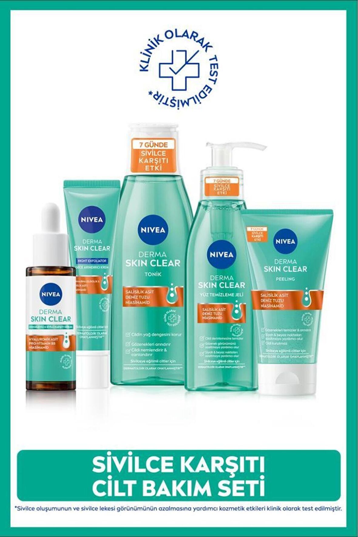 Nivea Derma Skin Clear Sivilce Karşıtı Rutin, Serum 30ml, Jel 150ml, Tonik 200ml, Peeling 150ml, Krem 40ml