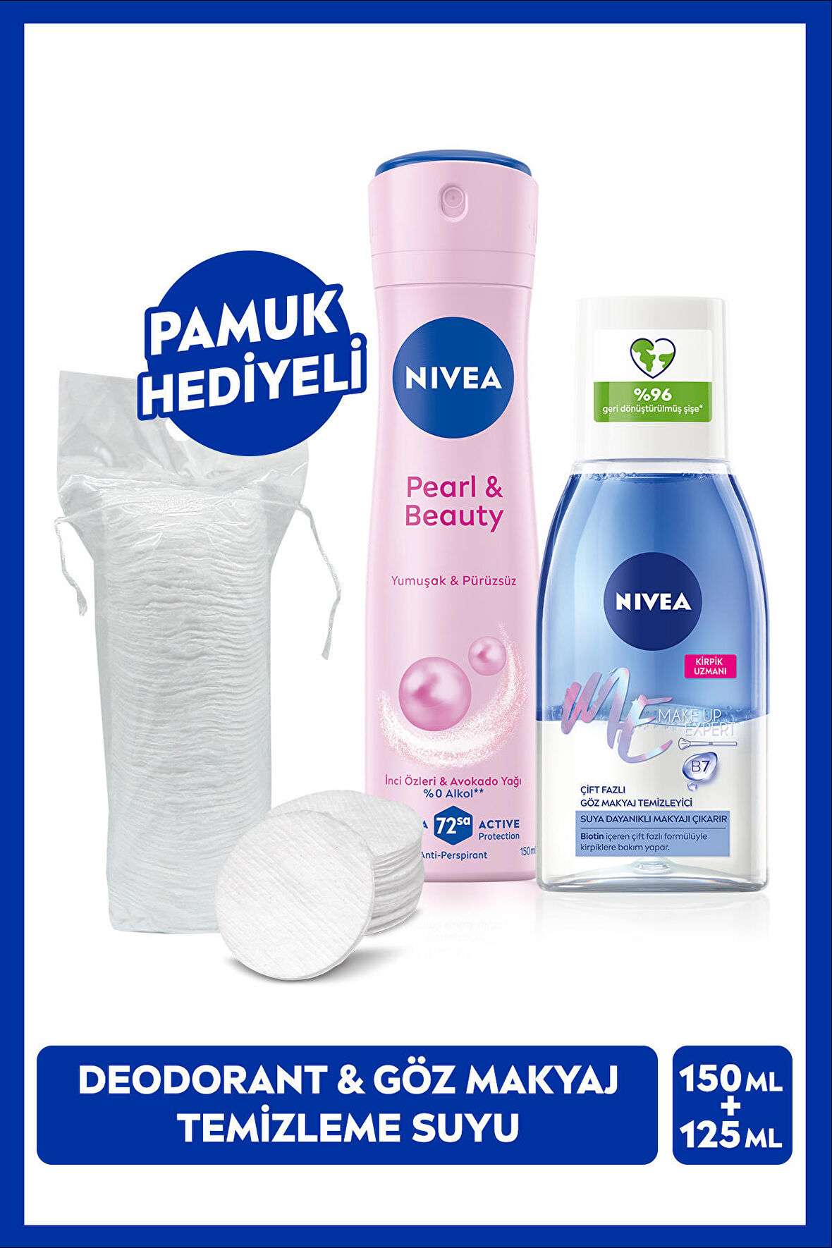 NIVEA Çift Fazlı Göz Makyaj Temizleme Suyu 125ml ve Kadın Sprey Deodorant Pearl&Beauty 150ml, 72 Saat Anti-perspirant Koruma