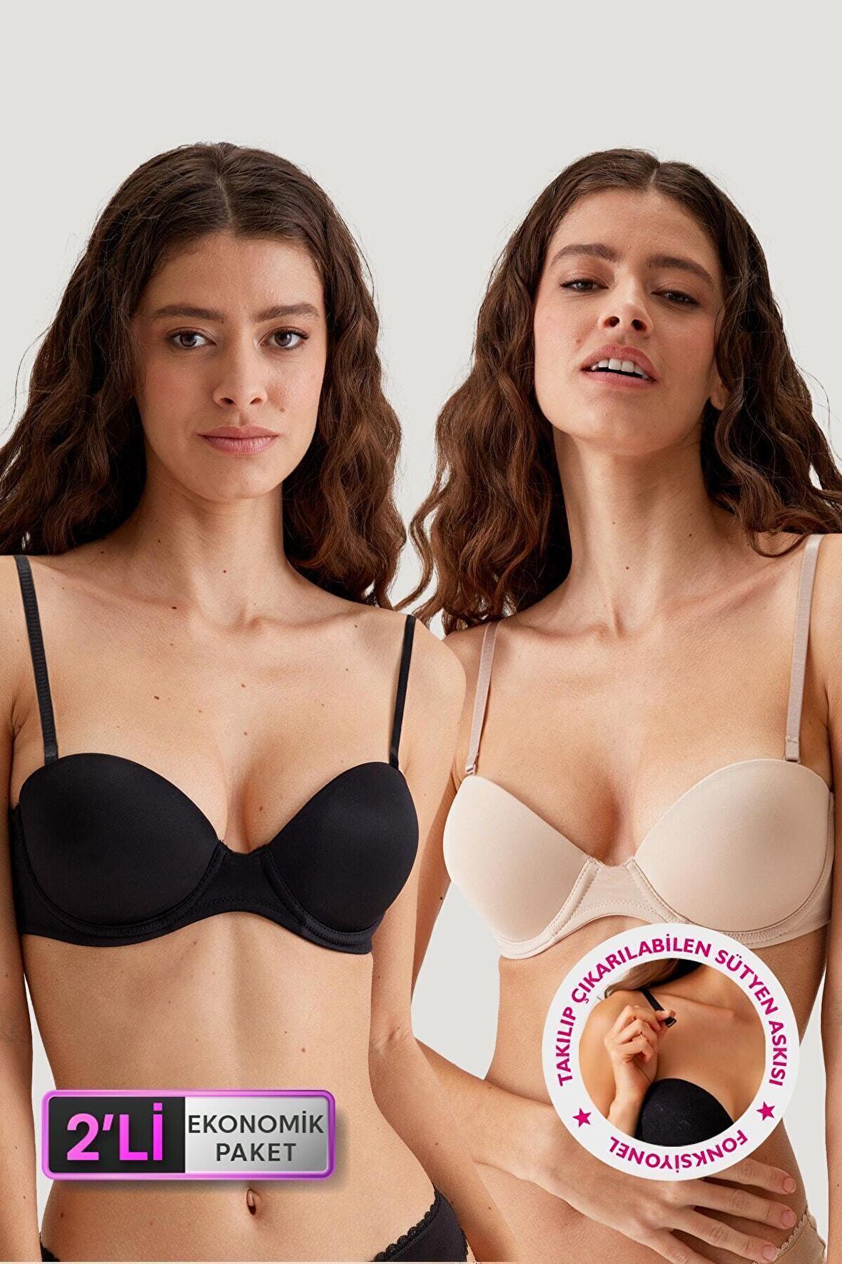 2'li Ekonomik Paket Siyah-ten 6806 Vicenza Ekstra Push Up Dolgulu Straplez T-shirt Sütyen Set