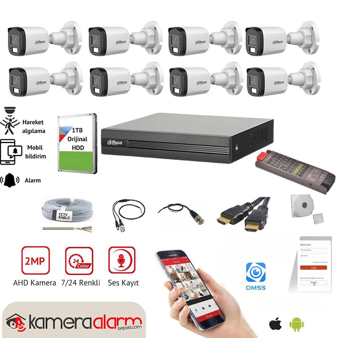 DAHUA 8 KAMERALI DAHİLİ MİKROFONLU KAMERA SETİ - 1TB HDD