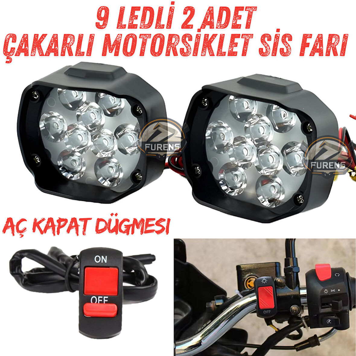 2 Adet 9 Ledli Motosiklet Scooter Uyumlu Led Sis Farı Çakar Ve Sabit Mod Açma Kapatma Tuşlu ubs siz