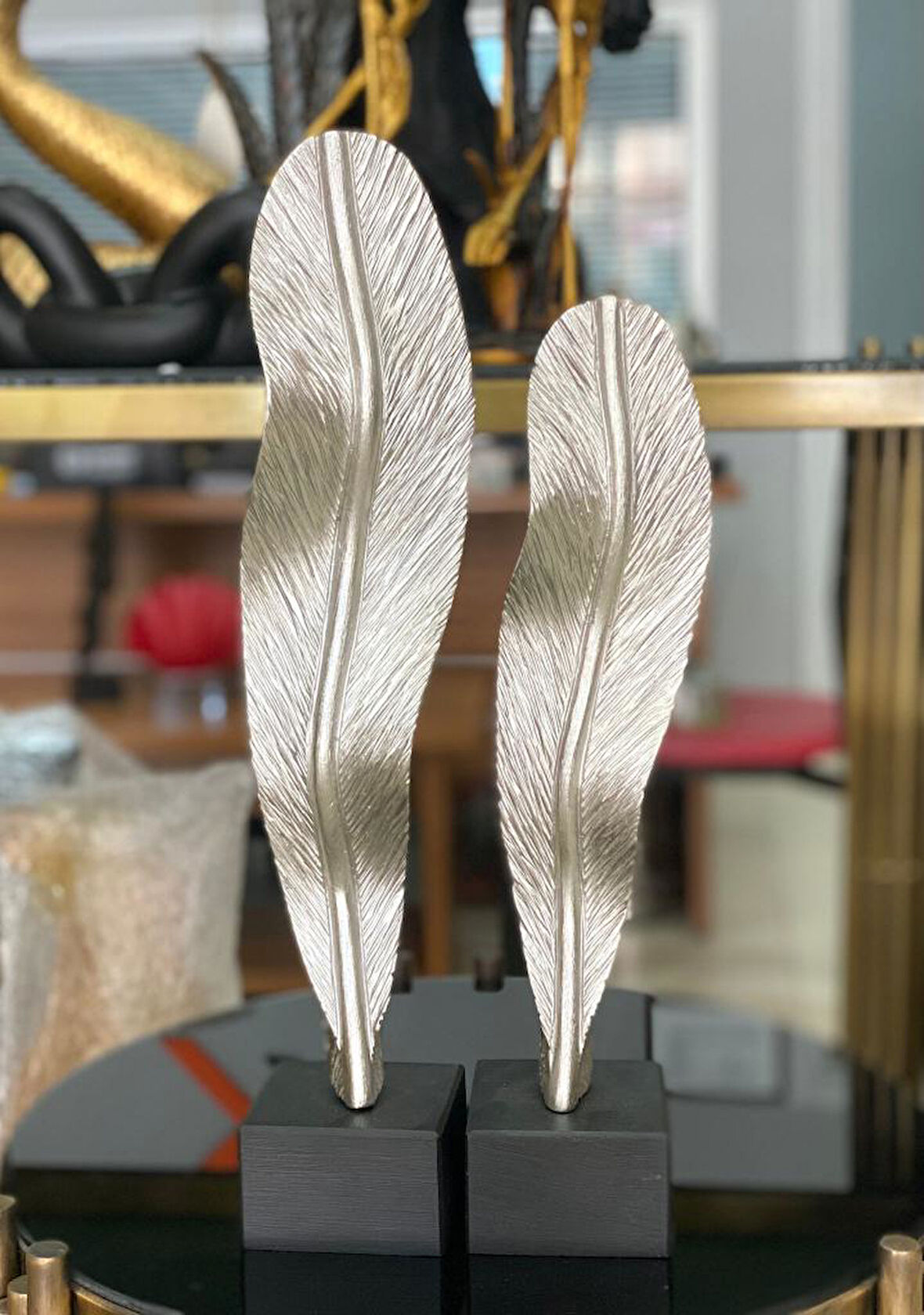 2 Li Dekoratif Kaideli Tüy Yaprak Biblo Modern Özel Tasarım Obje