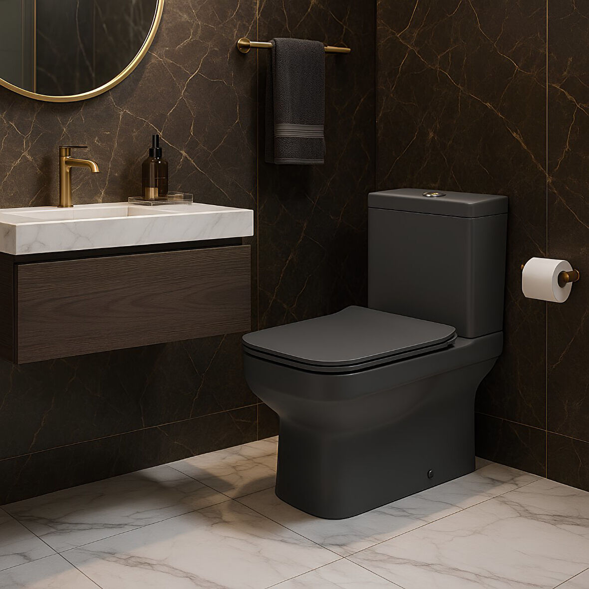 Seramiksan Bold Antrasit Kanalsız Duvara Sıfır Klozet Takımı A091030H, Bold Antrasit Duroplast Yavaş Kapak