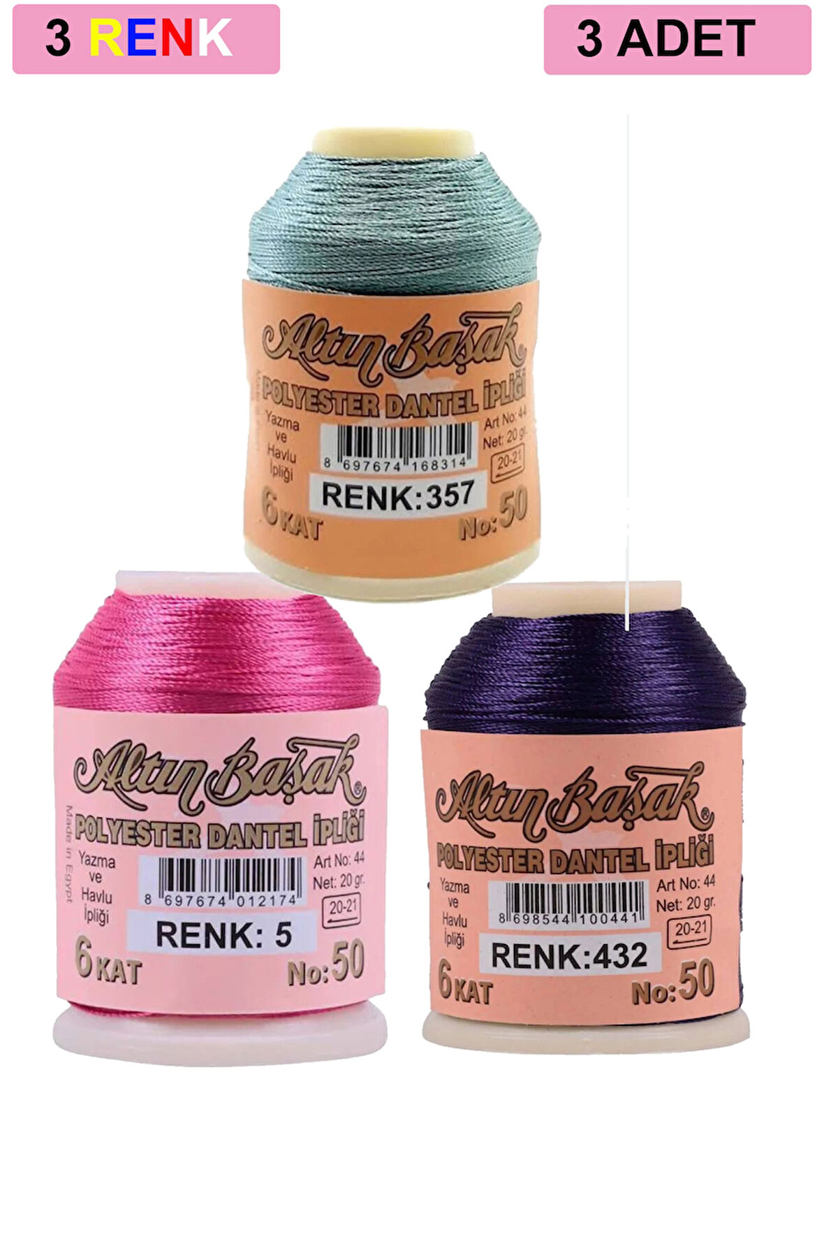 3 Adet Altınbaşak Oya ve Dantel İpi 20 gr - No: 005 - 432 - 357