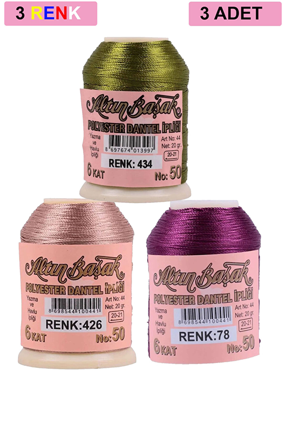 3 Adet Altınbaşak Oya ve Dantel İpi 20 gr - No: 426 - 078 - 434