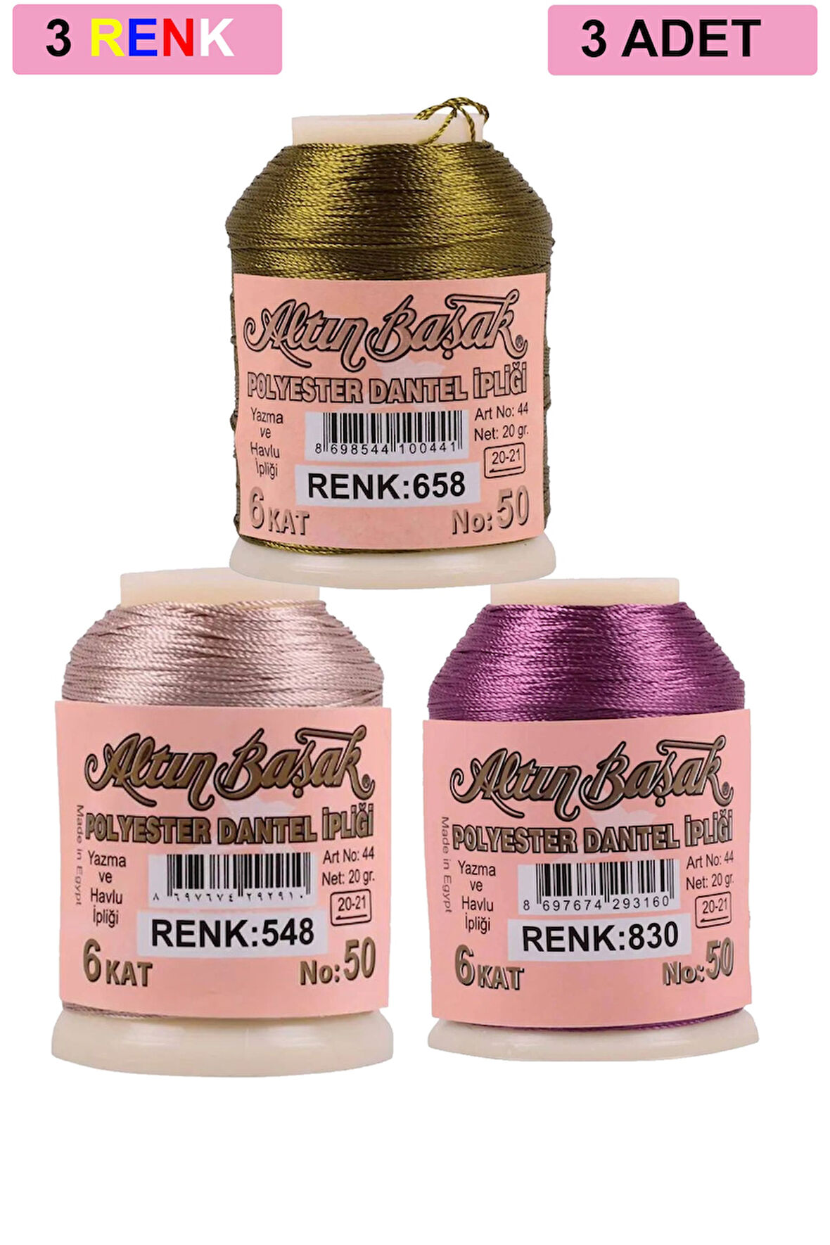 3 Adet Altınbaşak Oya ve Dantel İpi 20 gr - No: 548 - 830 - 658