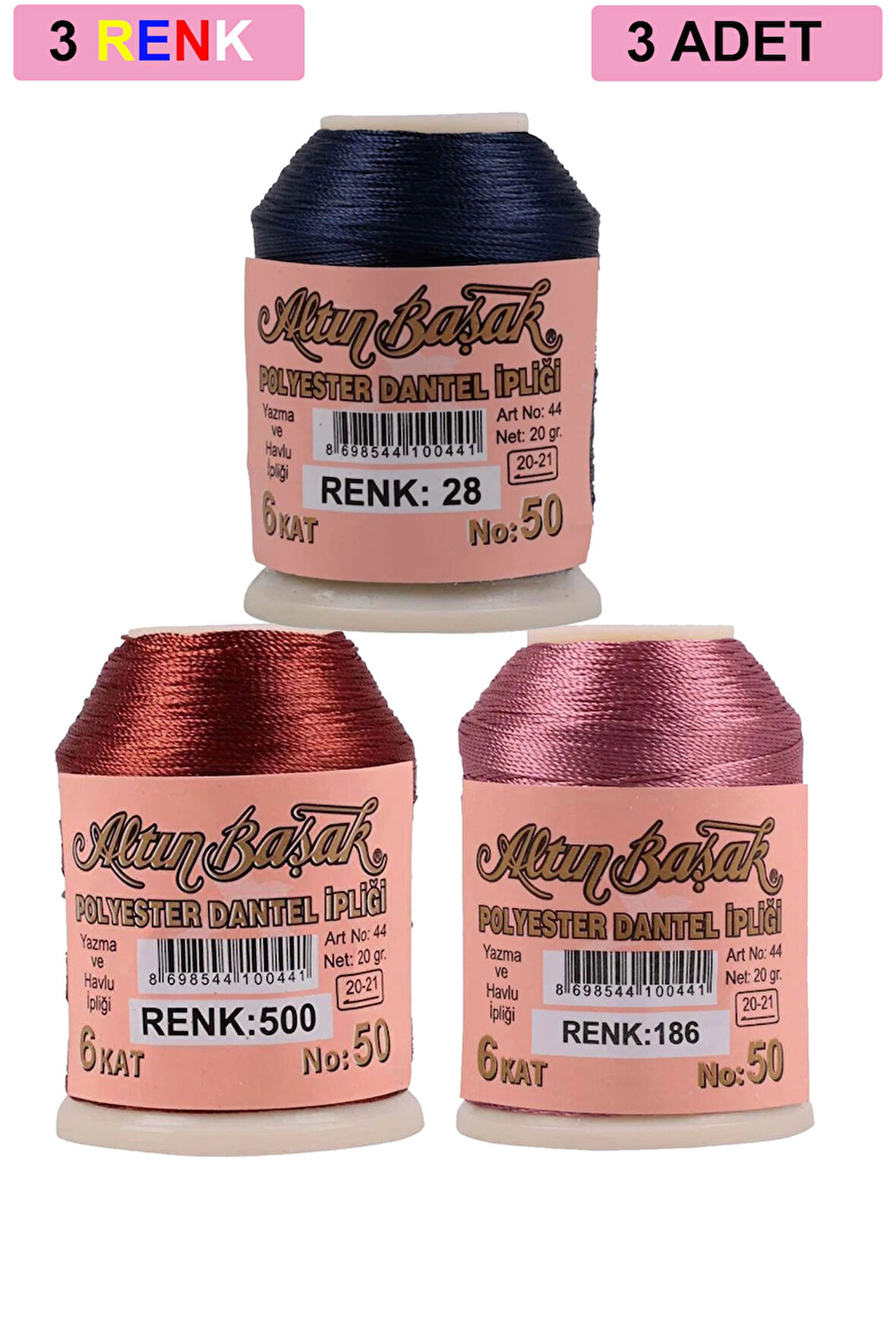 3 Adet Altınbaşak Oya ve Dantel İpi 20 gr - No: 500 - 186 - 028