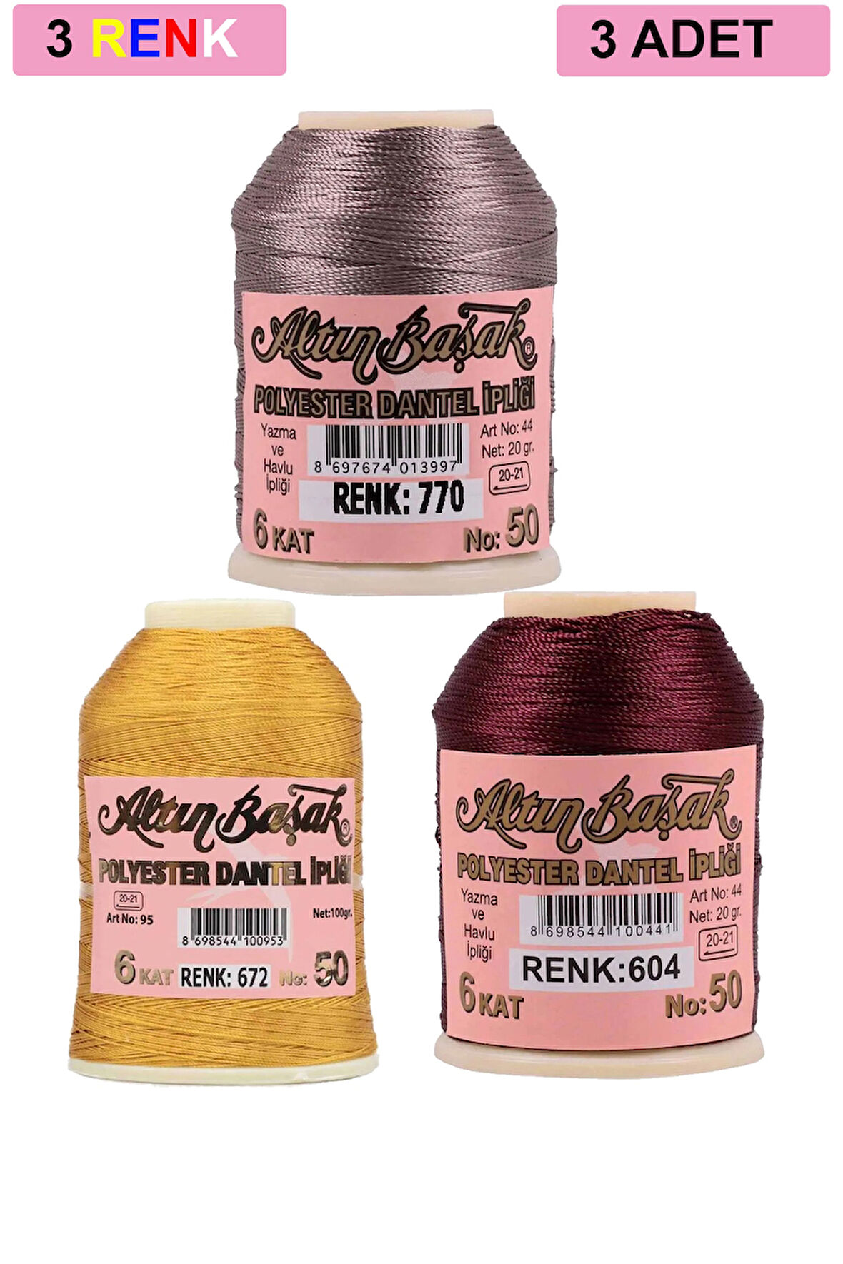3 Adet Altınbaşak Oya ve Dantel İpi 20 gr - No: 672 - 604 - 770