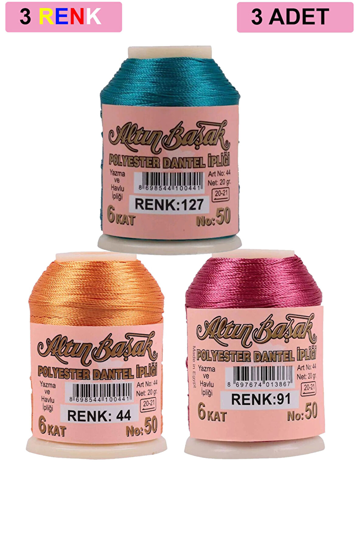 3 Adet Altınbaşak Oya ve Dantel İpi 20 gr - No: 044 - 091 - 127