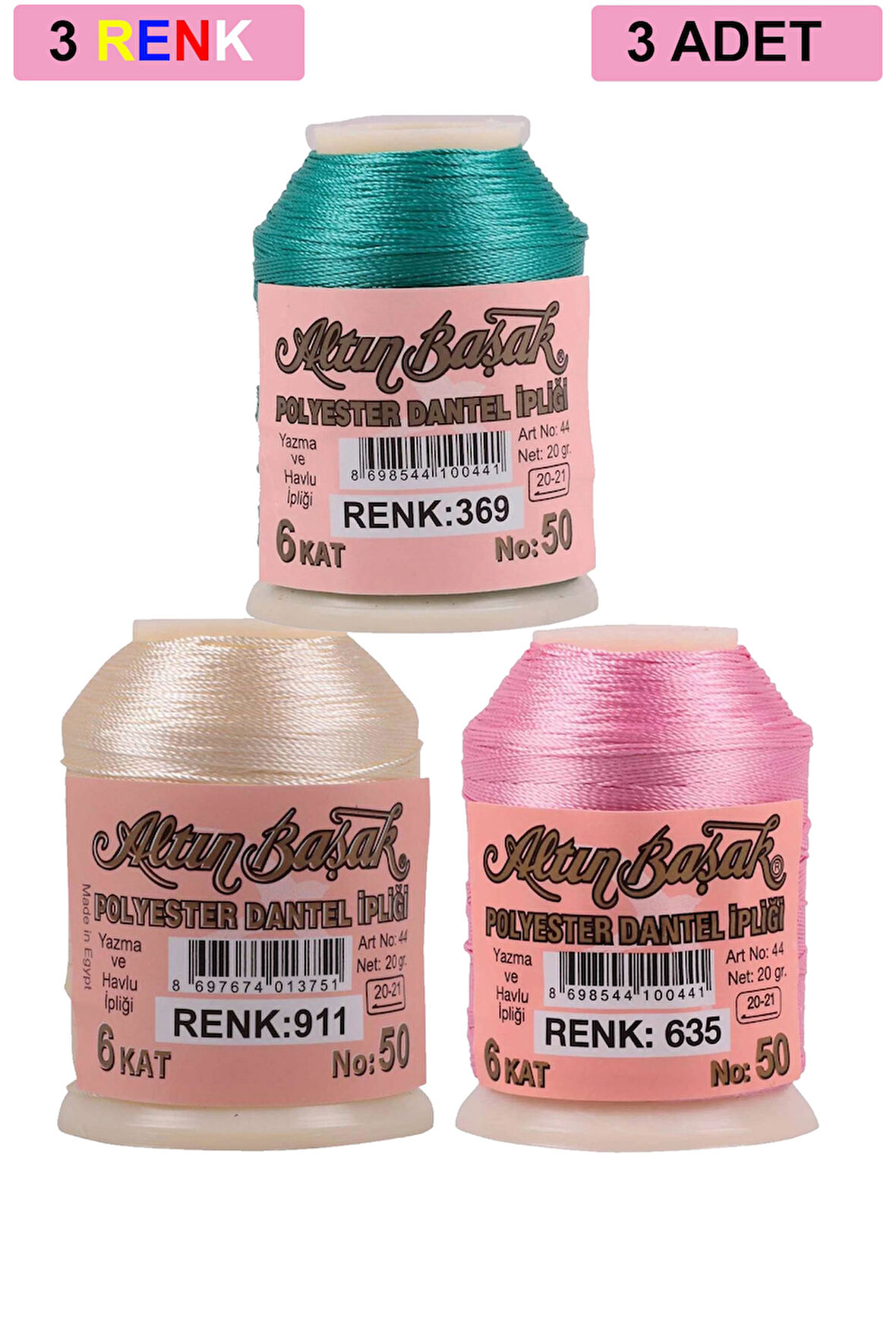 3 Adet Altınbaşak Oya ve Dantel İpi 20 gr - No: 911 - 635 - 369