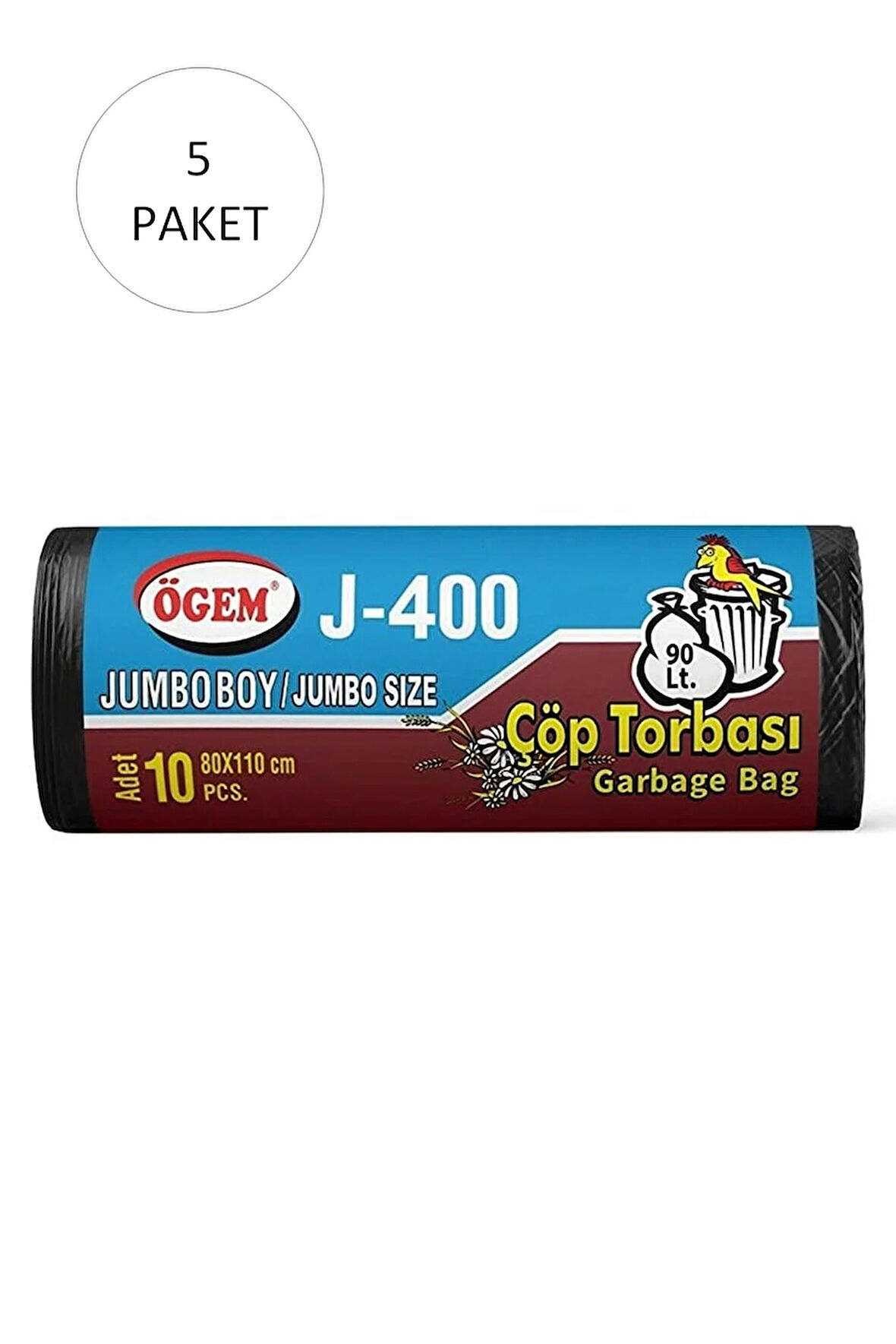 J-400 Jumbo Boy Çöp Torbası 80 x 110 cm 10 Lu Rulo x 5 Paket = 50 Adet (Siyah)
