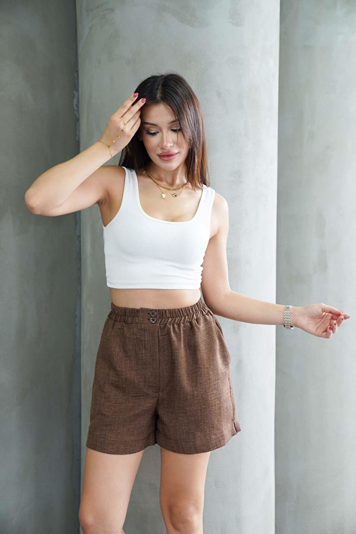 Kadın Kahverengi Beli Lastikli Keten Şort