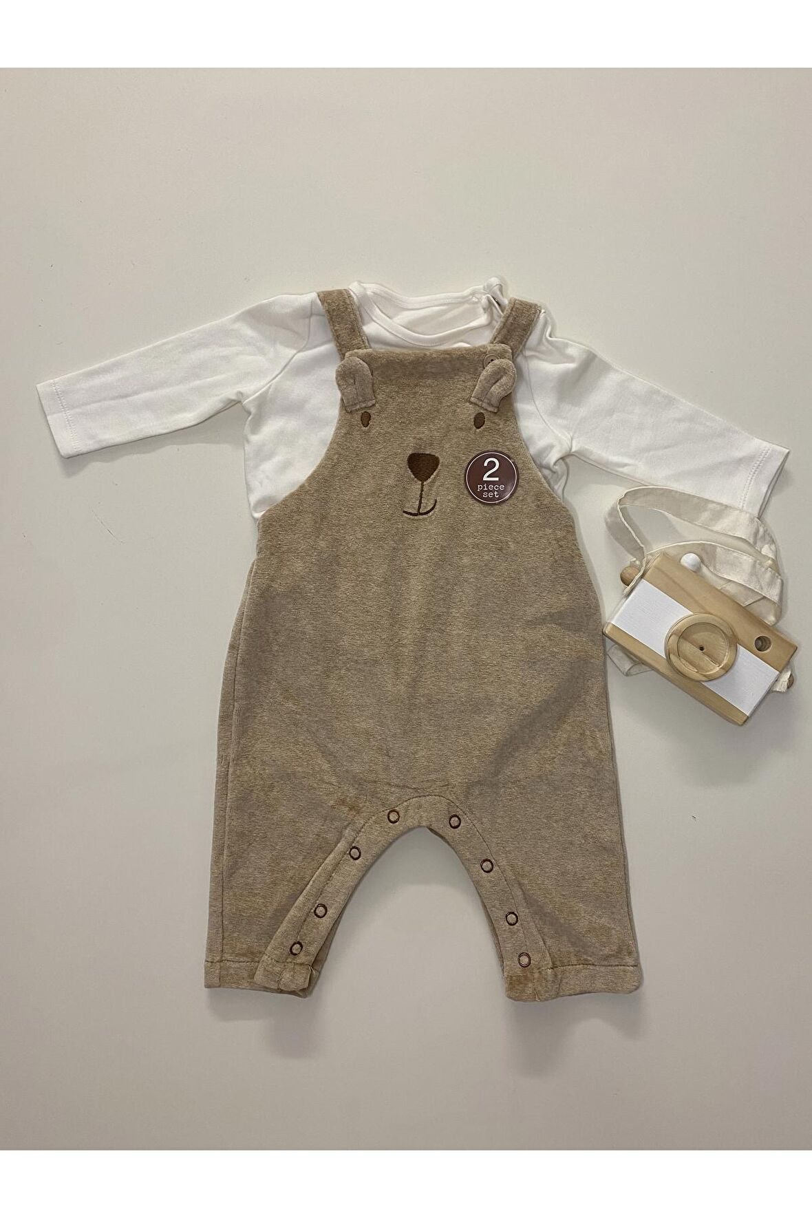 % 100 Pamuklu Krem Ayıcık Desenli Salopet Body Zıbın Set