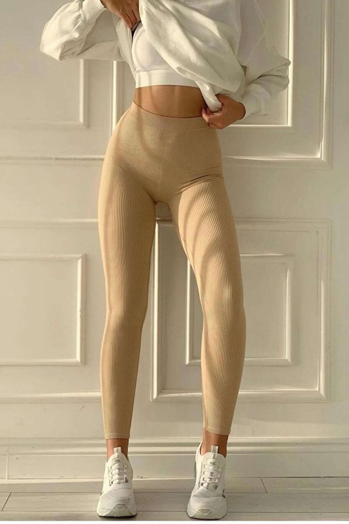 Kadın Kahverengi Yüksek Bel Toparlayıcı Dikişsiz Fitilli Tayt