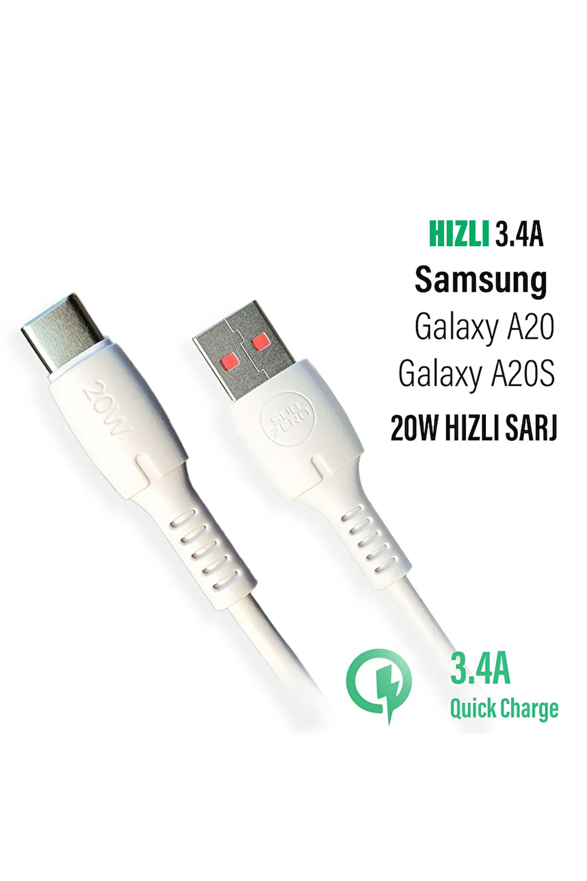 Samsung Galaxy A20 ve A20S Uyumlu Type-C Hızlı Şarj Kablosu