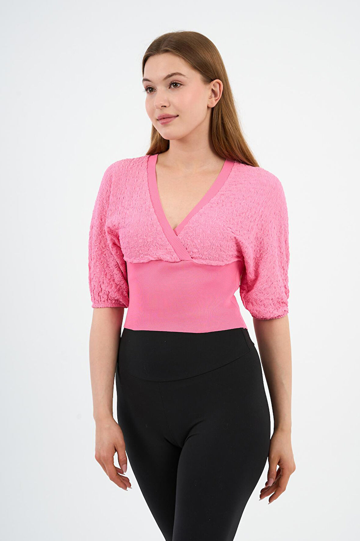 Kadın Kruvaze Yaka Balon Kollu Bluz (A23-10130)