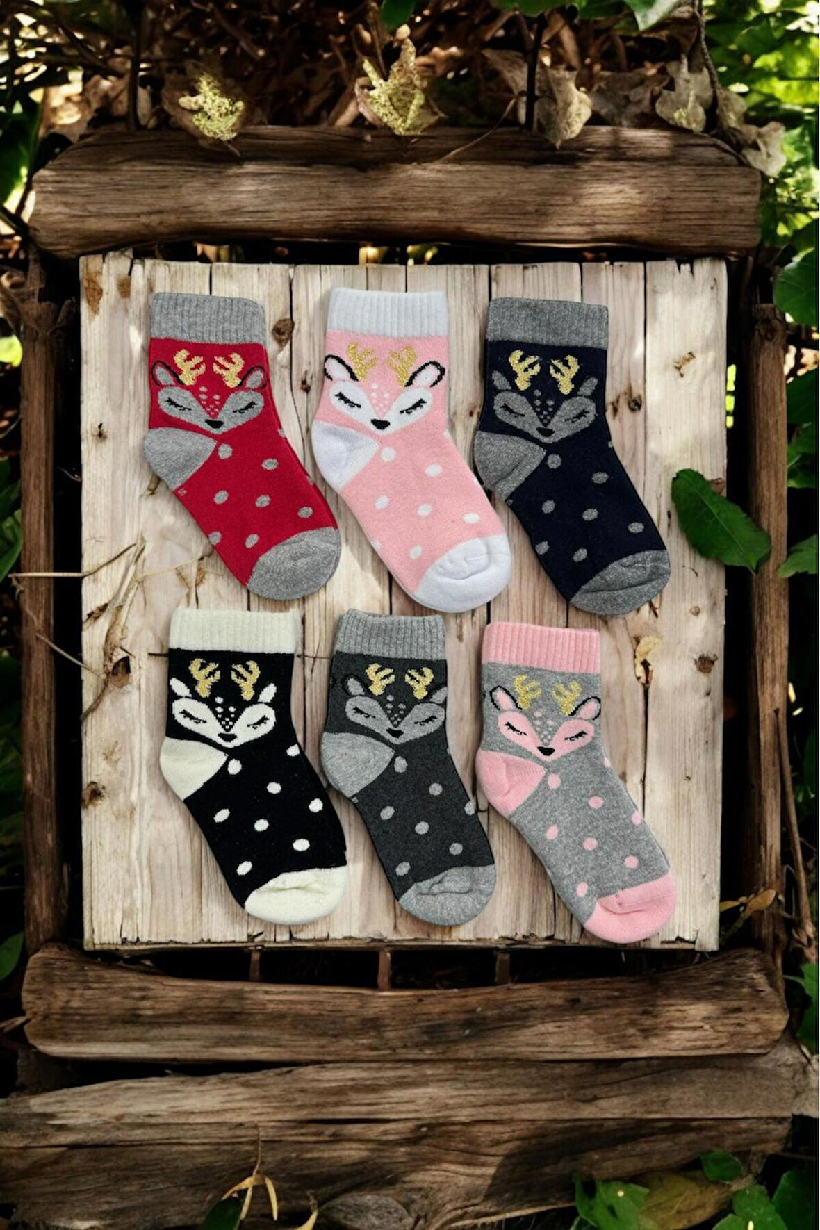 6 Çift Burun Dikişsiz Geyik Desenli Kışlık Kalın Havlu Çocuk Soket Çorap