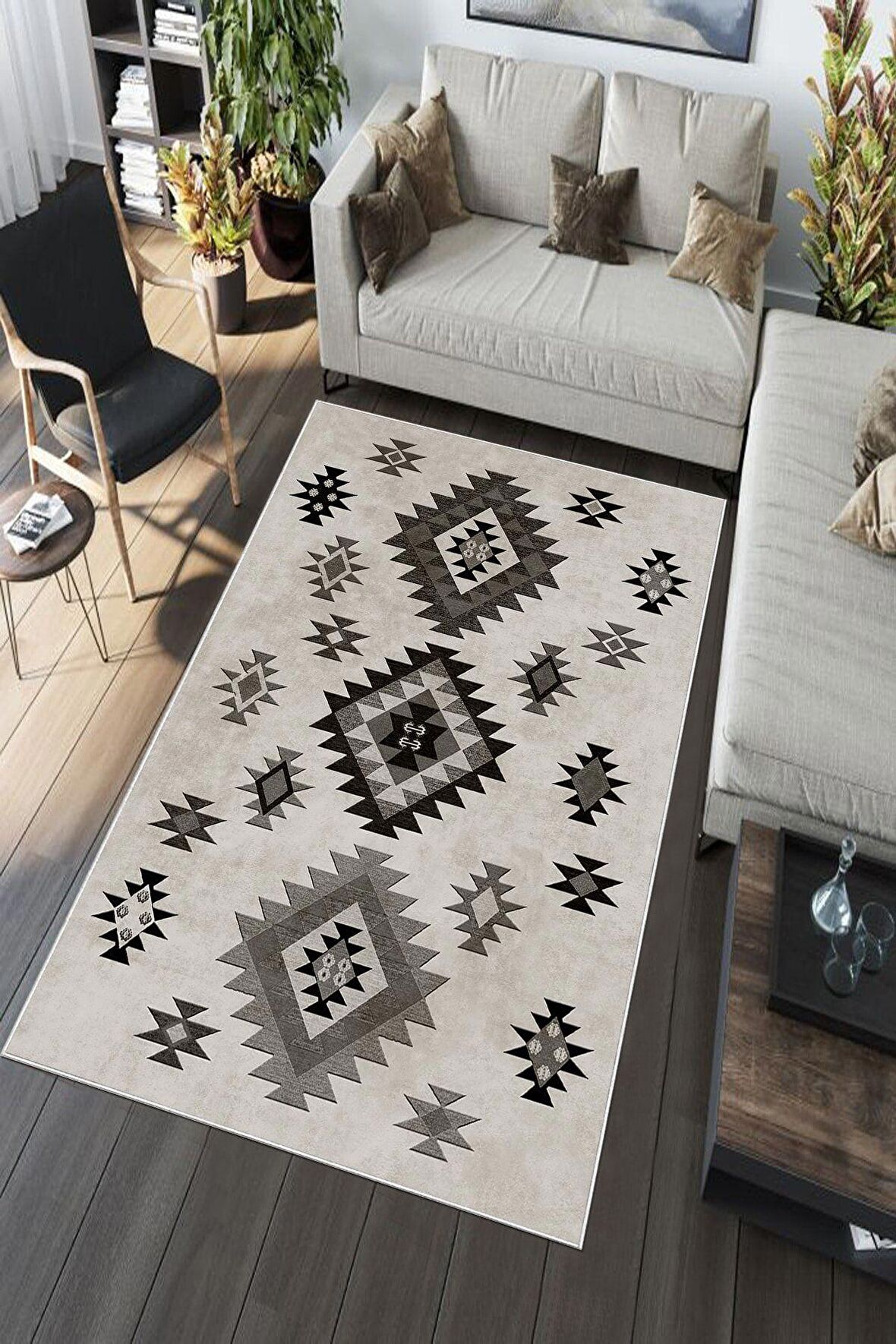 Bej-Gri Deko Deri Kaymaz Taban Modern Salon Saçaksız Halı A134