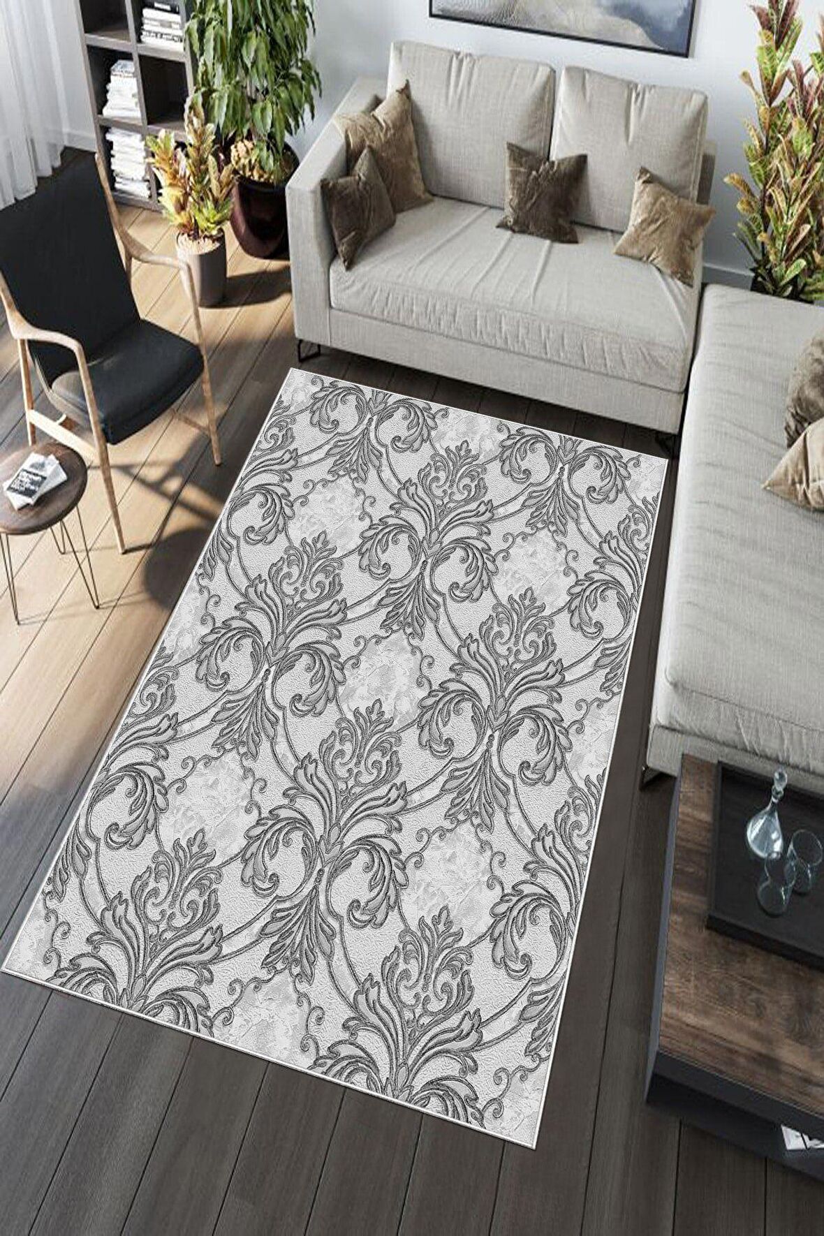 Gri Deko Deri Kaymaz Taban Modern Salon Saçaksız Halı A142
