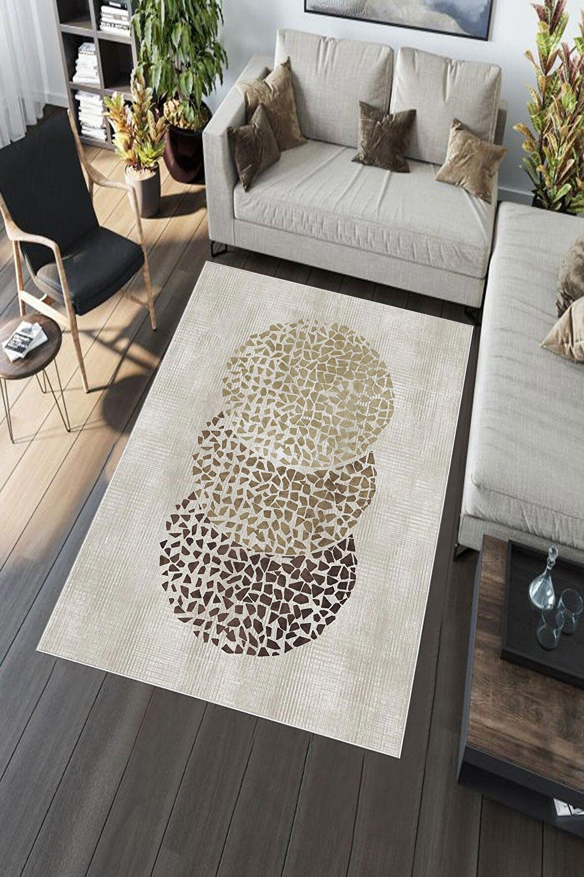Krem Deko Deri Kaymaz Taban Modern Salon Saçaksız Halı A219