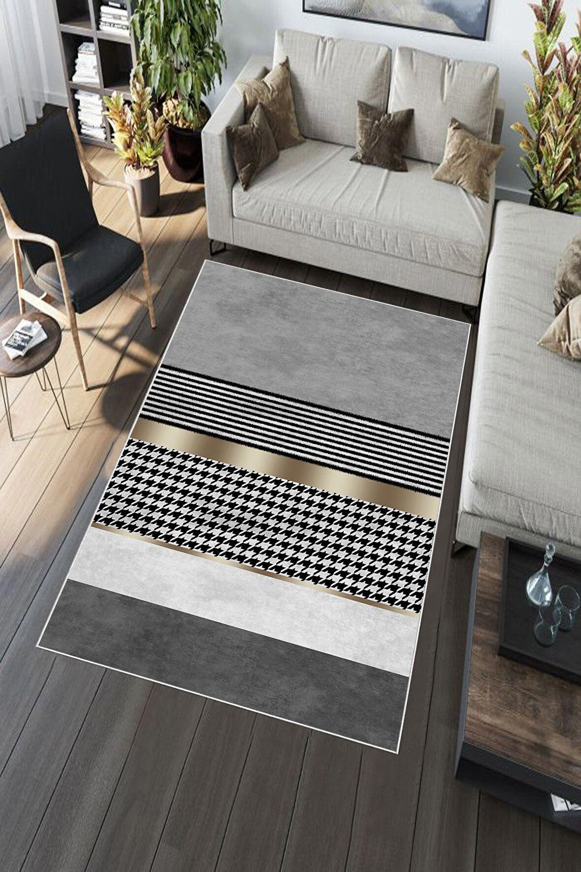 Gri Deko Deri Kaymaz Taban Modern Salon Saçaksız Halı A239