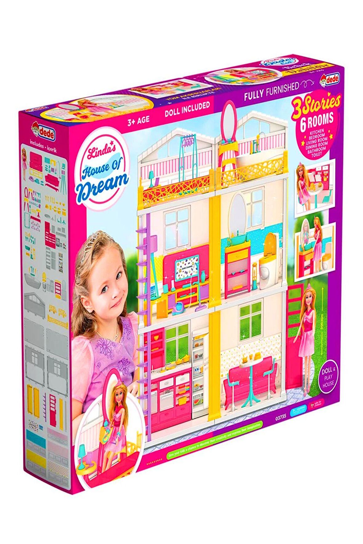 Linda'nın Düşler & Rüya Evi 3 katlı & 6 odalı - oyuncak ev & evcilik seti - oyun evi