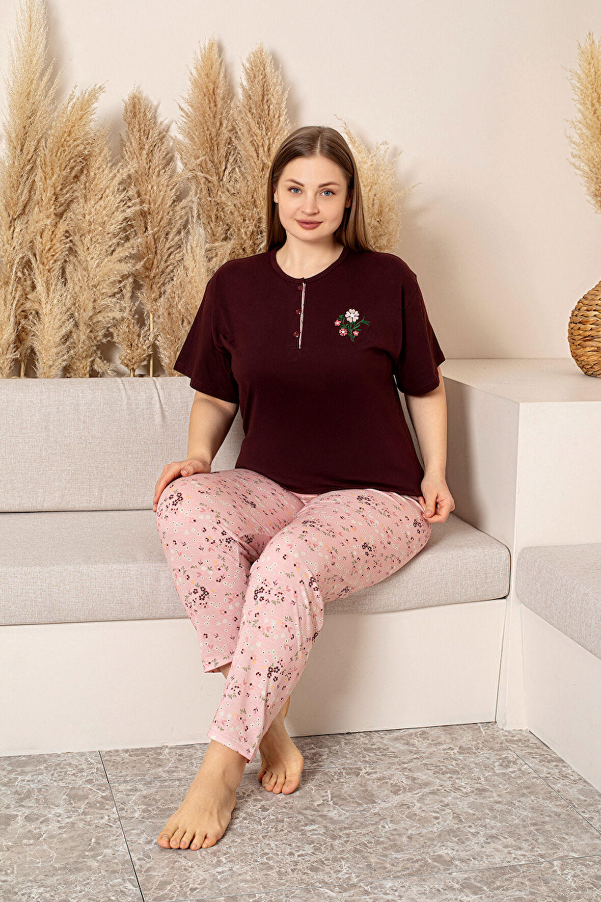 Nisanca %100 Pamuk  Büyük Beden Kısa Kol Kadın Pijama Takımı