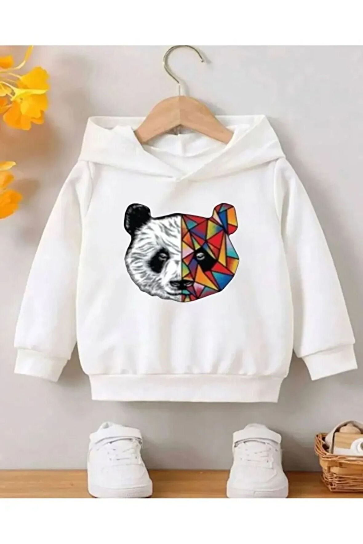 Beyaz Geometrik Panda Baskılı unisex Çocuk Kapüşonlu